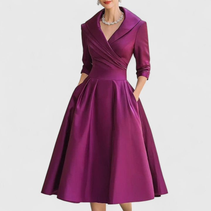 Magenta satin cocktail dress with wrap bodice and full skirt