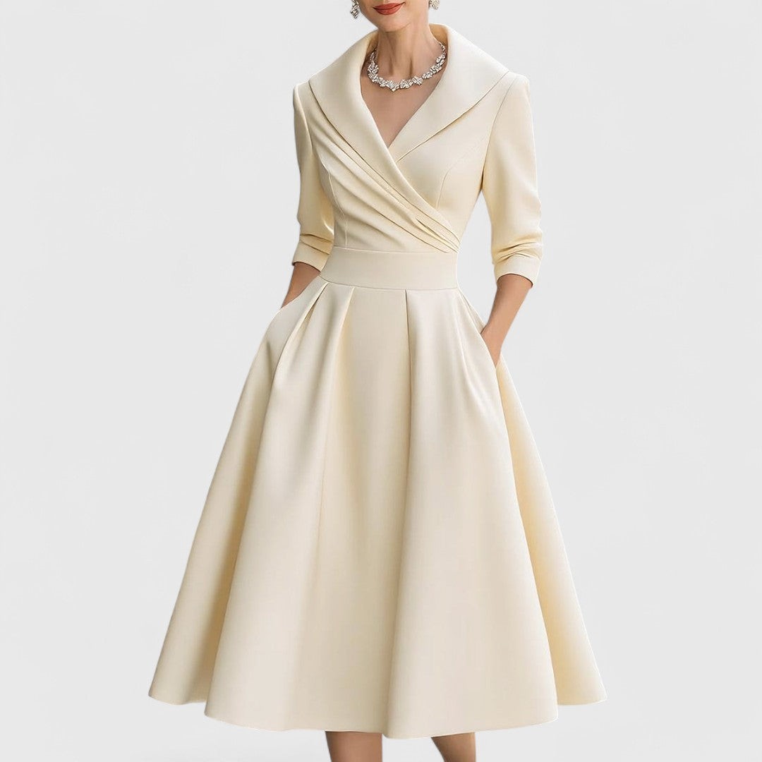 Ivory satin midi dress with collared neckline and pleated skirt