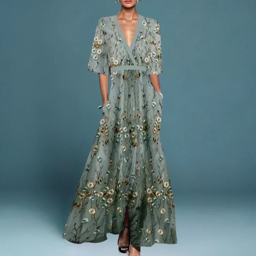 Sage green floral maxi dress with V-neck and half sleeves