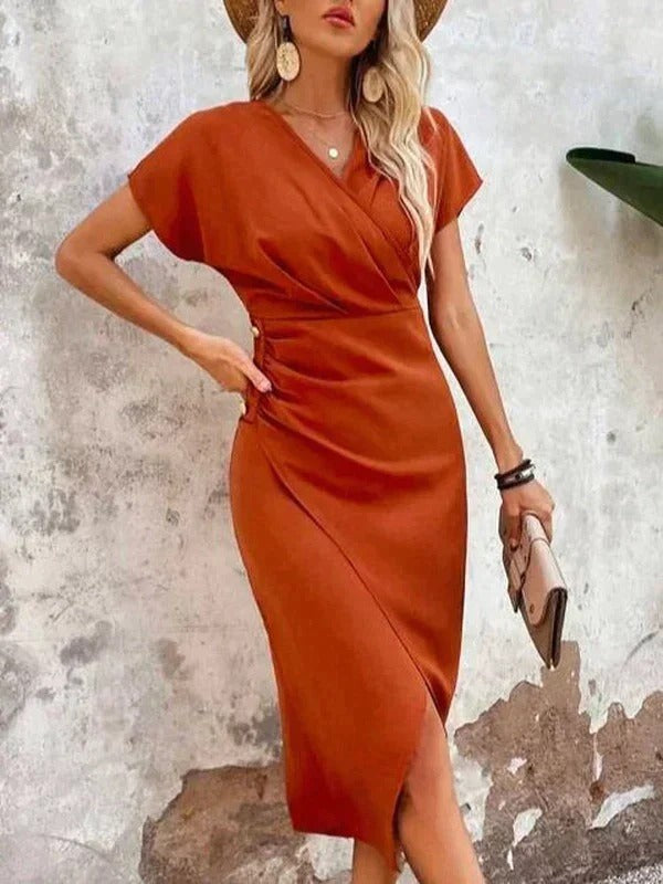 cinched waist wrap dress in rust color with high side slit
