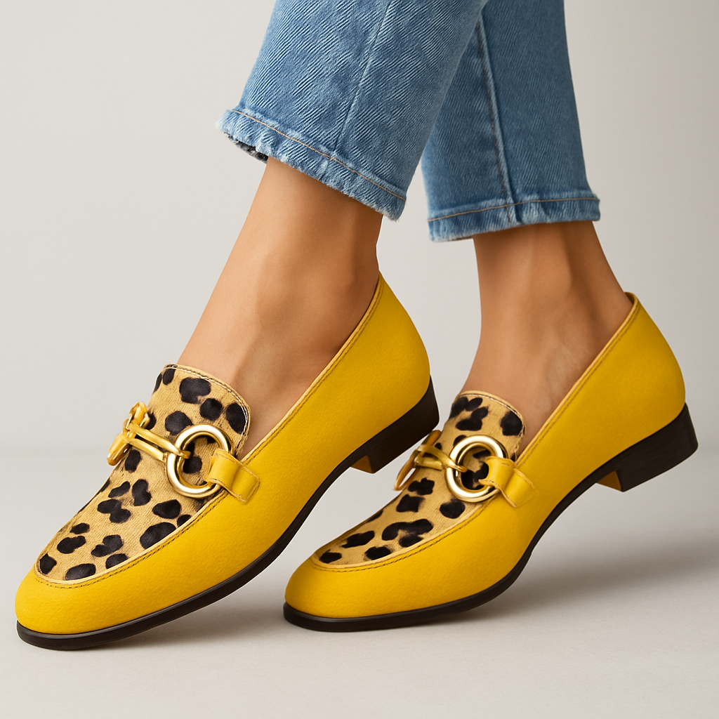Yellow leather loafers with leopard print panel and gold horsebit buckle