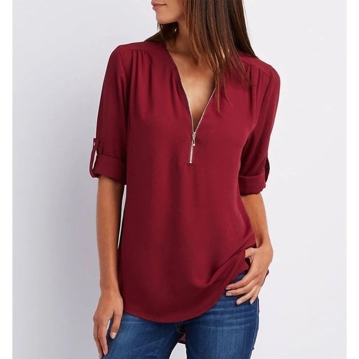 Wine red zip-up blouse with V-neckline and rolled sleeves
