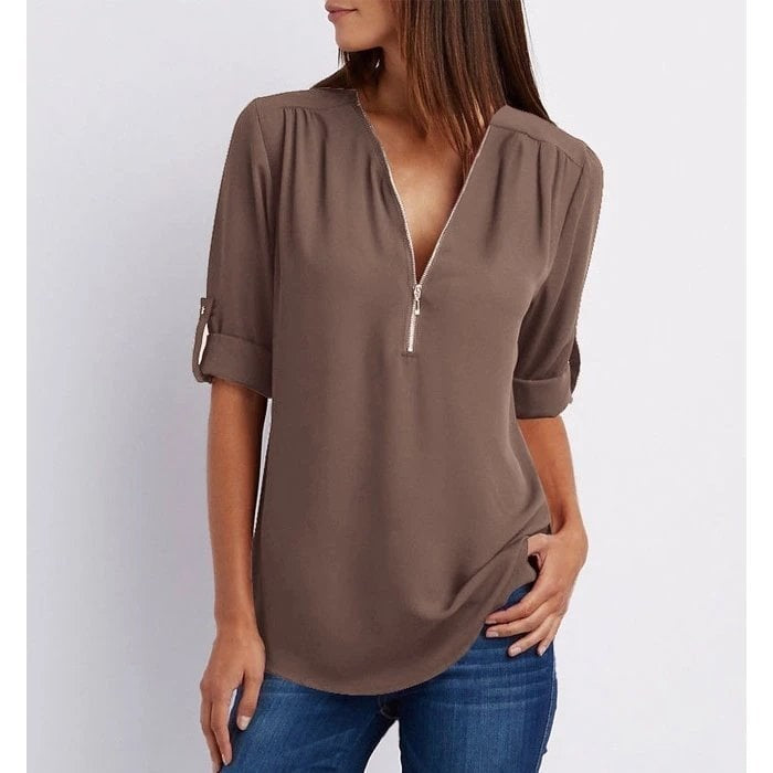 Taupe brown V-neck top with zipper detail and half sleeves