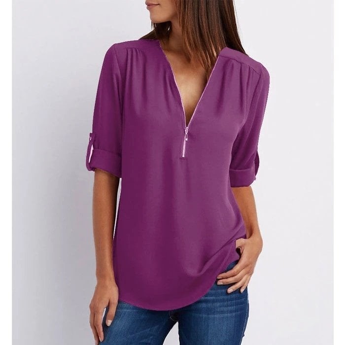 Purple zip-front blouse with V-neck and rolled cuff sleeves