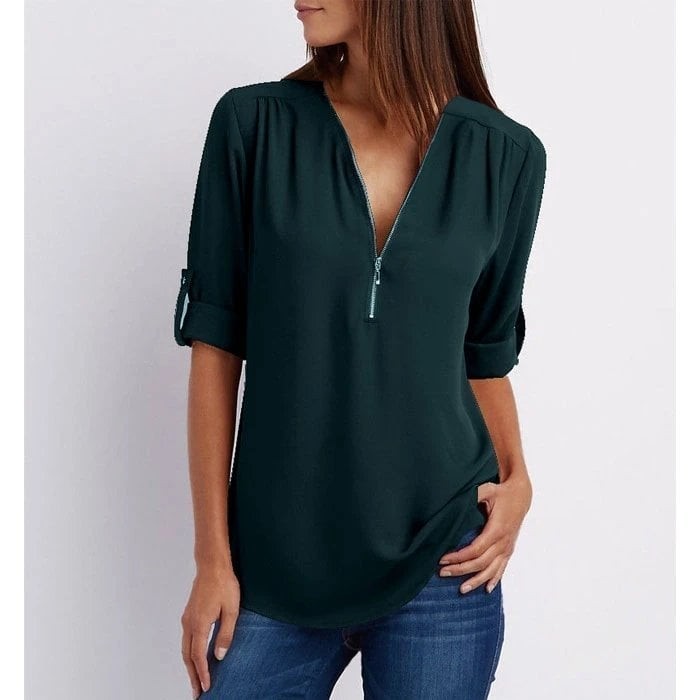 Dark green zip-up V-neck blouse with curved hem and half sleeves