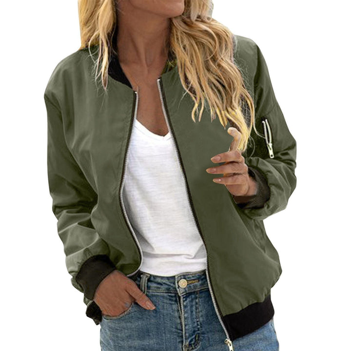 Khaki green bomber jacket featuring black ribbed cuffs and stand collar