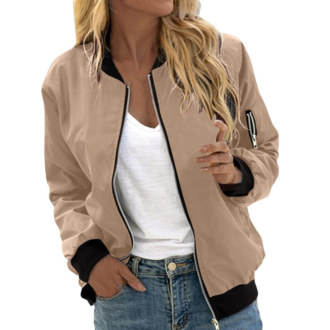 Camel bomber jacket styled with contrast trims and zippered sleeve pocket
